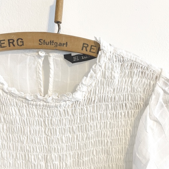 Zara Top with Elastic Smocking ruffled off-white blouse, Small - Picture 3 of 8